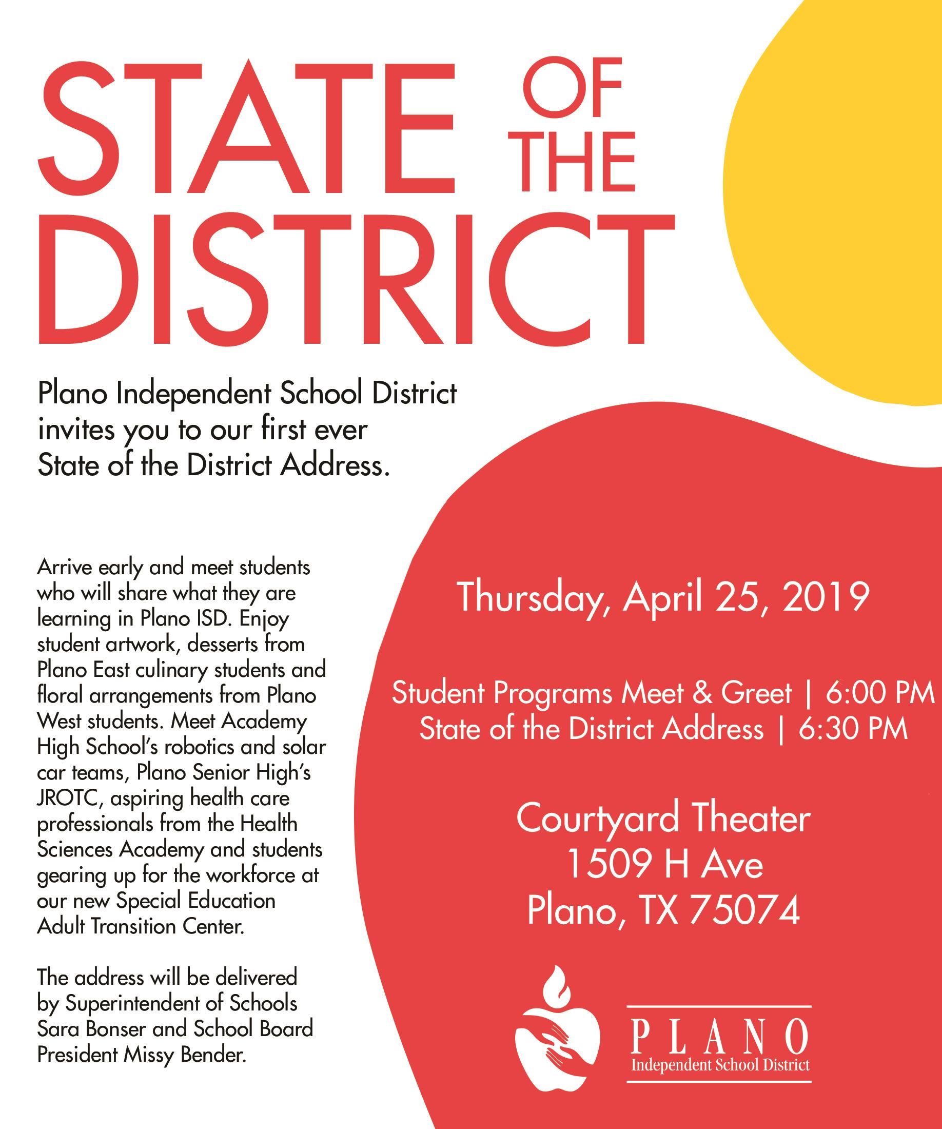 Plano ISD State of the District Address is April 25, 2019 at 6 PM at Courtyard Theater in Plano 