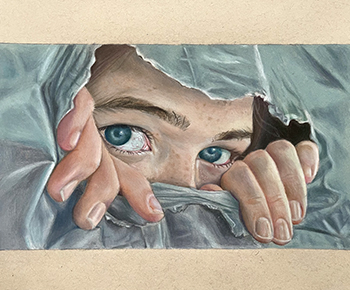  eyes looking through ripped fabric