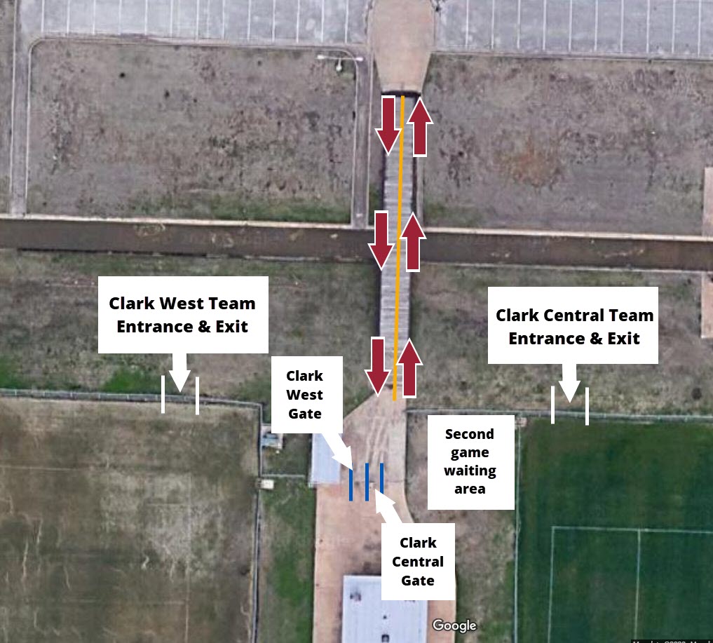 Clark West and Central gate, entrance, exit, and traffic flow. 