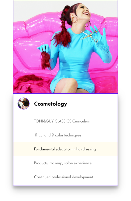 Woman with red ponytail in blue dress cutting hair above text description of TONI&GUY Cosmetology curriculum
