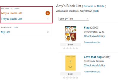 Screenshot with a rectangle around Amy's Block List and Trey's Block List.