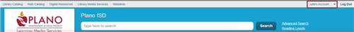Top of website with account name marked in upper right hand side of screen.