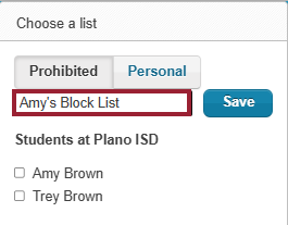 Name of List Using Example Amy's Blocked List