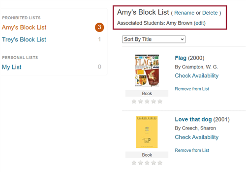 A rectangle emphasizes Amy's Block List with Amy Brown listed as the associated student.