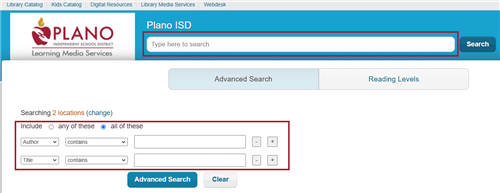 The search bar at the top of the page and the advanced search fields are emphasized.