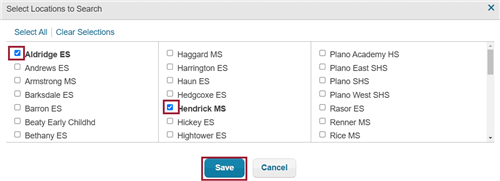 Checkboxes next to two schools are selected and the save button is emphasized.