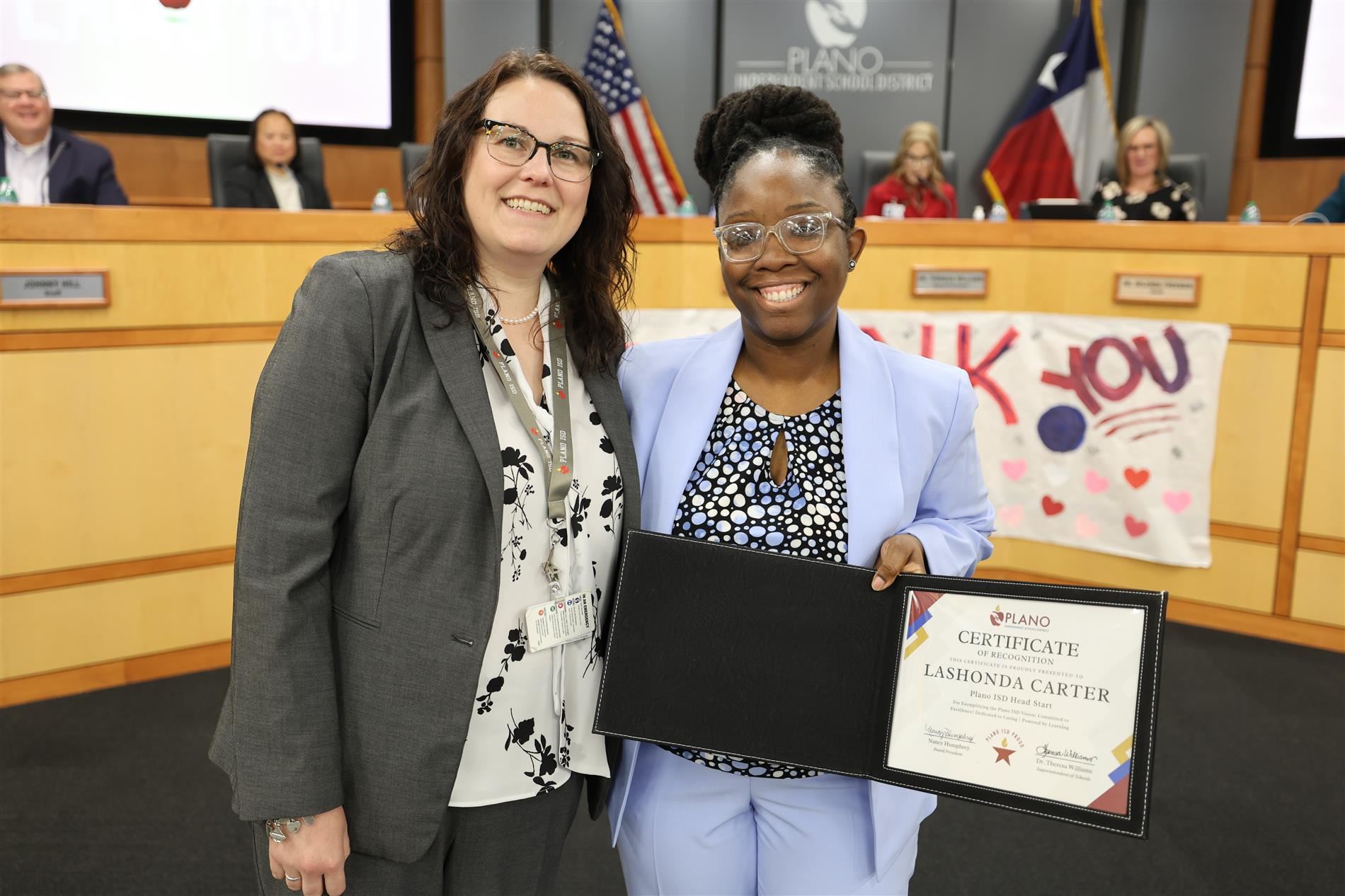 Board Vice President Dr. Lauren Tyra with Lashonda Carter at the February board meeting
