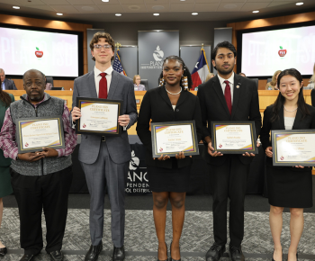  Theater students with their coach at a Plano ISD board meeting