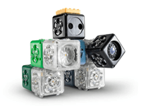 Green, black, and clear plastic robotic cubes 