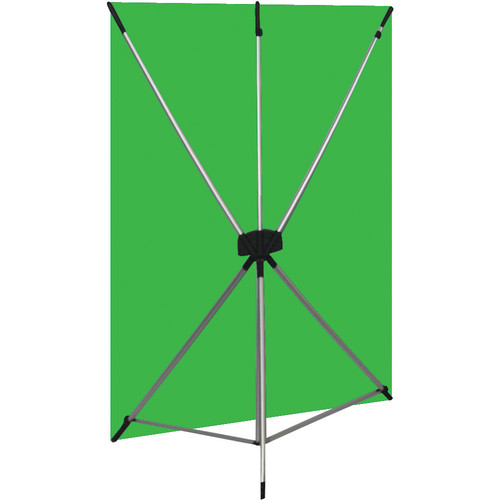 Green screen held up by silver poles on a stand 