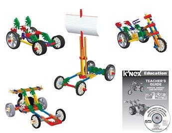 four vehicles made from K'nex and a bookelt 